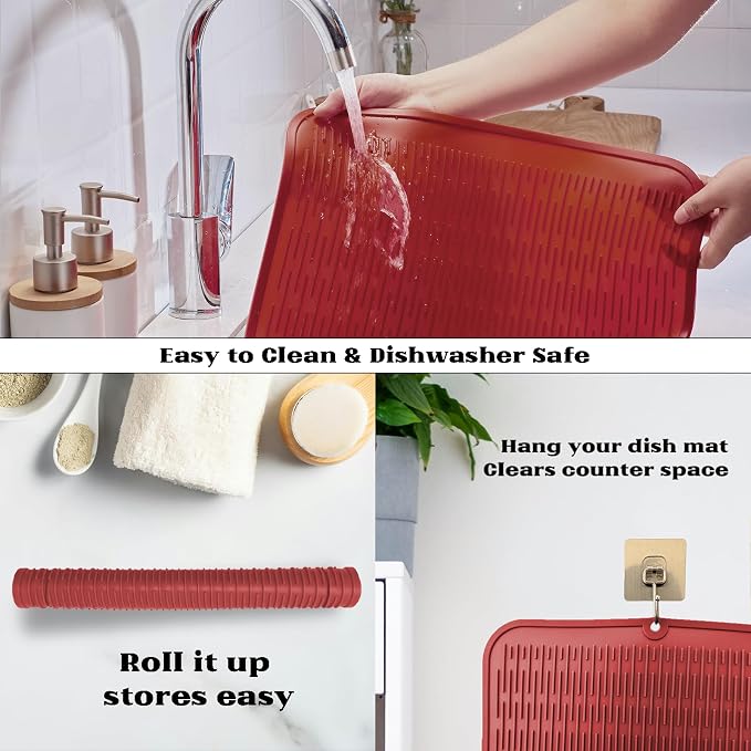 ZLR Heavy-Duty Silicone Dish Drying Mat (16" x 18" / 401 x 455mm) - XL Family-Size Thick 4mm Drainboard for Pots, Pans & Heavy Cookware - Oversized Trivet & Counter Protector, Non-Slip (Lava Red)