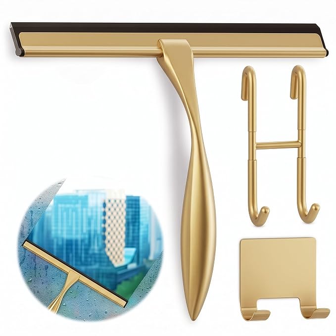 Gold Squeegee for Shower Glass, 12" Silicone Blade, Stainless Steel | Shower Door Squeegee with Hook, Adhesive Mount; All-Purpose Bathroom Tile, Mirror, & Window Wiper for Streak-Free Cleaning
