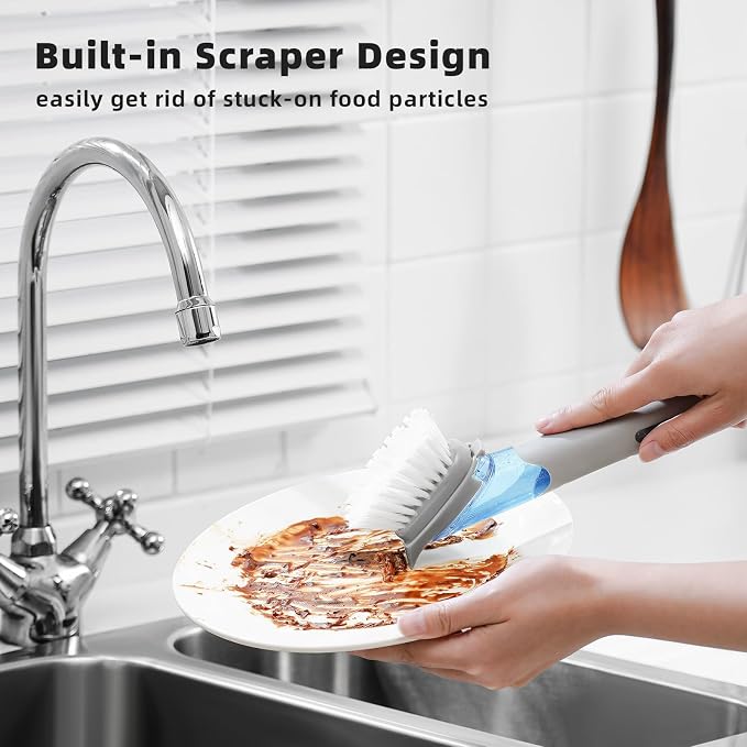 SUBEKYU Dish Brushes with Soap Dispenser, Kitchen Dish Scrubber Brushes with Handle, Dishwashing Cleaning Scrubbers for Dishes/Pans/Pots, Grey 2Pack
