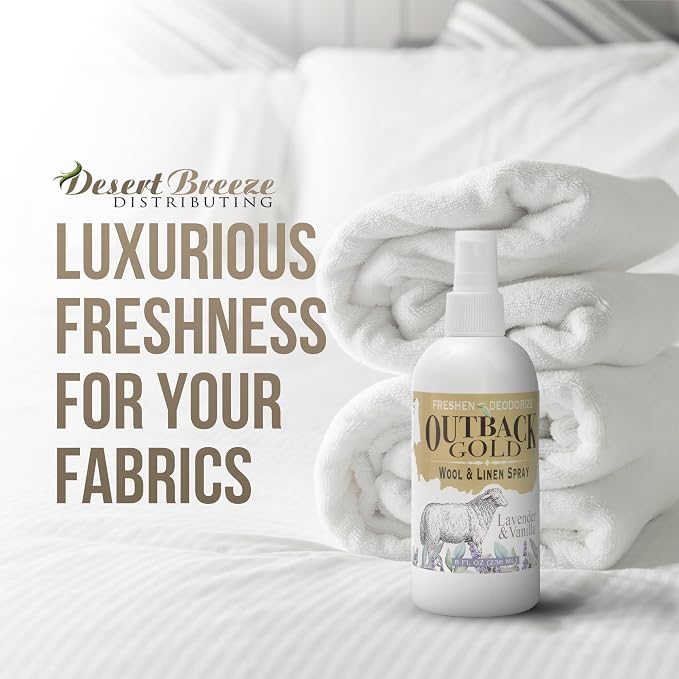 Outback Gold Linen Spray, Lavender & Vanilla, Fabric Freshener, 8 fl oz | Essential-oil linen and fabric freshener for wool, bedding, and home textiles. Eco-friendly, made in USA.