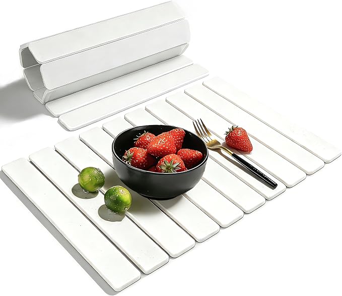 Large Stone Dish Drying Mat for Kitchen Counter, 24"(L)×16"(W), Collapsible Quick Dry Diatomaceous Earth Mat, Super Absorbent Drying Pad for Dishes Bottles Cups Utensils, Heat Resistant (White)