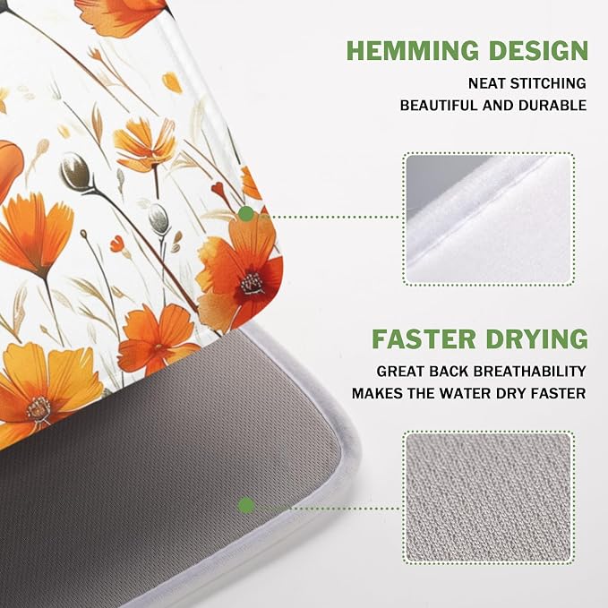 Fall Dish Drying Mat for Kitchen Counter 16 x 18 Inch Autumn Orange Floral Dish Drainer Mat Absorbent Microfiber Thanksgiving Harvest Dish Rack Pad for Coffee Dining Decor