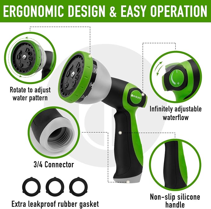 BIBURY Water Hose Nozzle Sprayer, Hand Sprayer with 10 Watering Patterns and On Off Valve Thumb Control, High Pressure Garden Hose Spray Nozzle for Watering Plants, Car Wash and Showering Pets (Green)