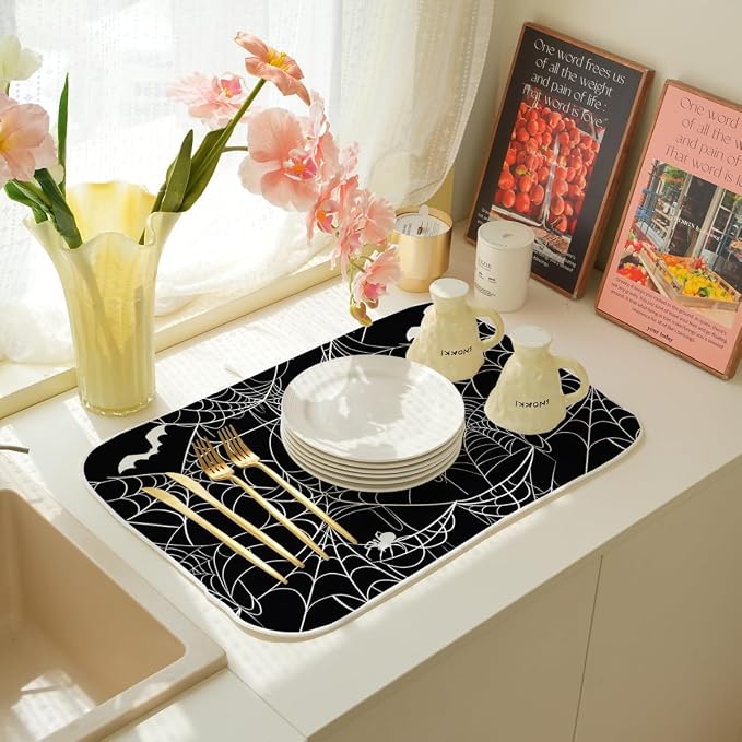 Halloween Dish Drying Mat 18 x 24 Inch Bat Spider Web Drying Mat for Kitchen Counter Absorbent Spiders Black Dishes Dry Pad for Drainer Rack Kitchen Fast Dry