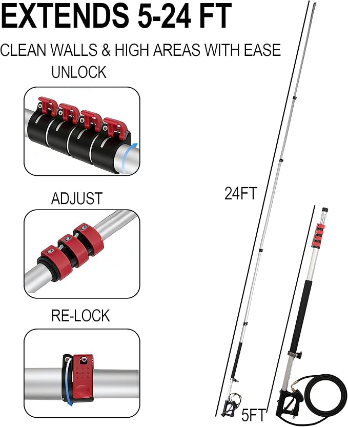Hourleey 24 FT Telescoping Pressure Washer Wand, Power Washer Extension Wand with Brush Head, Gutter Cleaner, 3 Curve Wands, Adjustable Support Belt, Pivoting Coupler, 7 Spray Nozzles, 4000 PSI