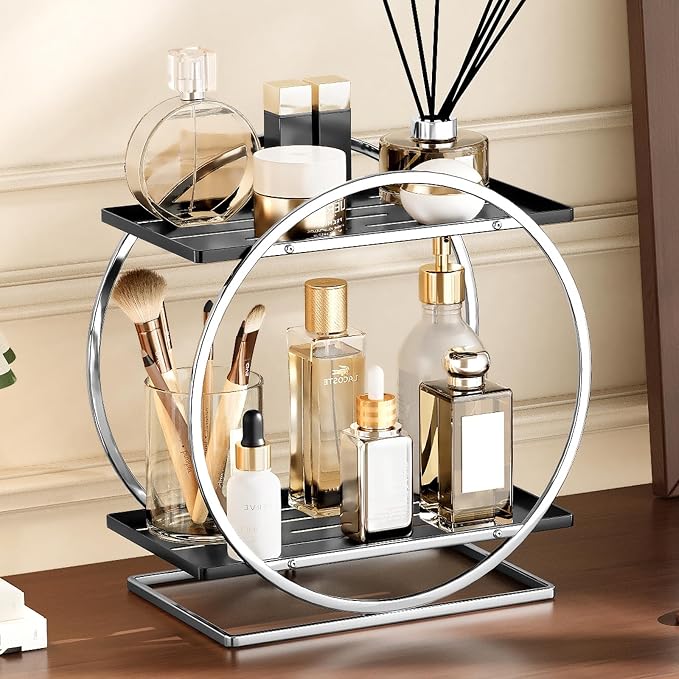 Bathroom Counter Organizer, Silver Black Perfume Organizer for Dresser, 2-Tier Bathroom Organizers and Storage, Exquisite Makeup Organizer Countertop Vanity Tray for Perfume Cosmetic Skincare