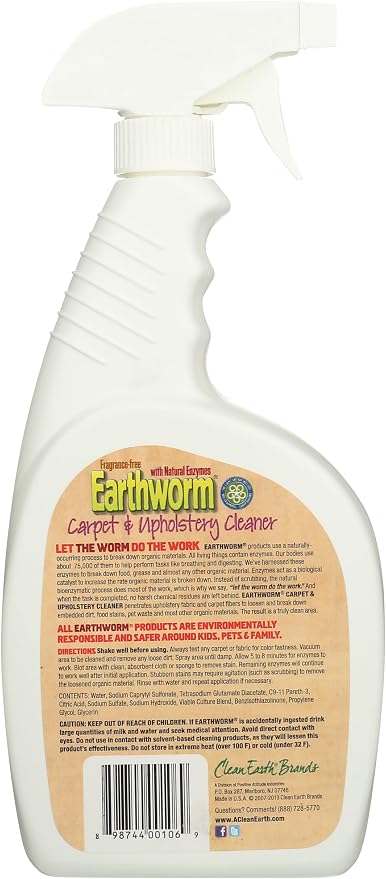 Earthworm Carpet & Upholstery Cleaner Spot & Stain Remover - Natural Enzymes, Safer for Family, Environmentally Responsible - 22 oz
