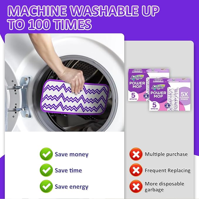 Reusable Microfiber Mop Pads for Swiffer PowerMop: 15” Washable Refills | 7 Absorbent Mopping Replacements, Wet Dry Use, for Multi-Surface Hardwood Tile Floor, Kitchen Bathroom Cleaning, White