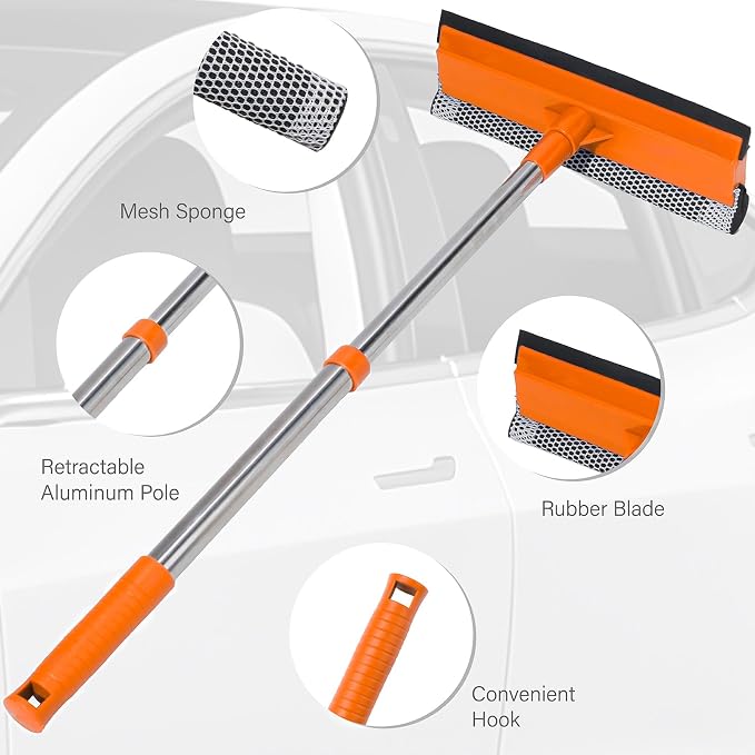 2 in 1 Car Windshield Squeegees with 15.3"-23.6" Retractable Stainless Steel Handle, Windshield Cleaner Tool for Cars, Trucks, Glass Doors, Shower Glass, Outdoor Windows, Orange