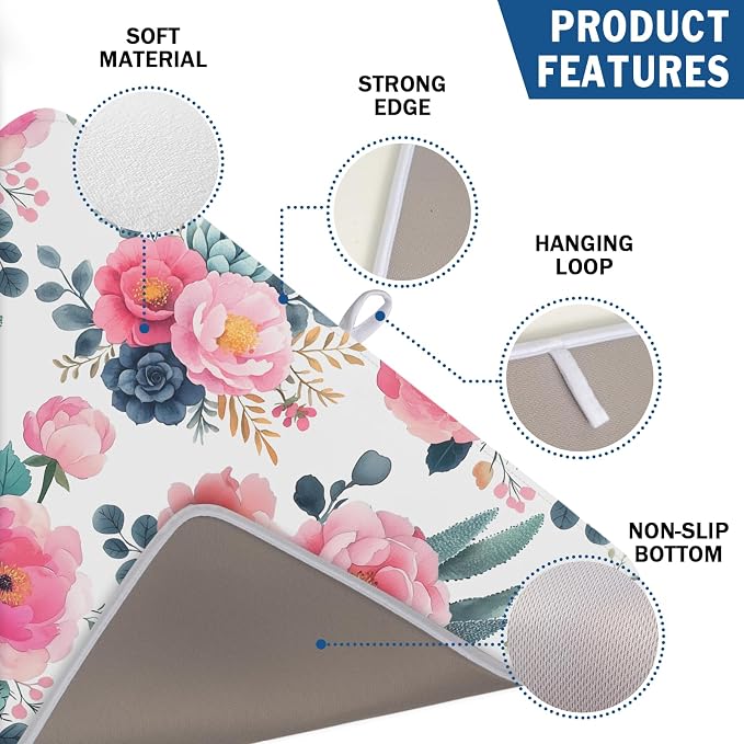 Spring Floral Dish Drying Mat for Kitchen Counter Spring Summer Flowers Kitchen Dish Drying Pad 18”x24” Absorbent Reversible Watercolor Flowers Dishes Drainer Pad Dish Drying Rack Mat for Countertop