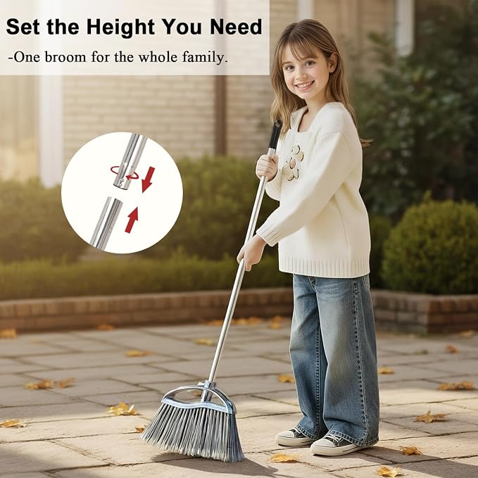 Heavy Duty Broom and Dustpan Set, Stainless Steel, 52.7-Inch for Sweeping | No-bend stand up design
