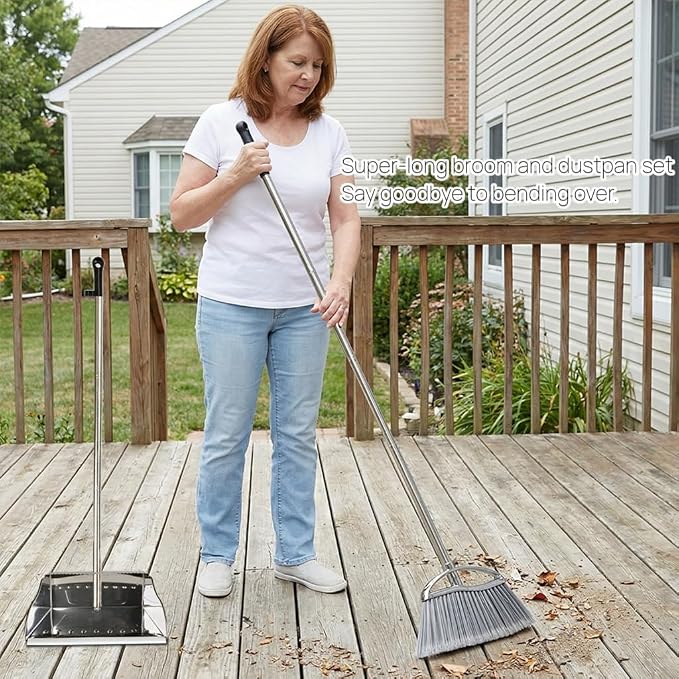 Outdoor Broom and Dustpan Comb Set,Heavy Duty Stainless Steel Metal Dust Pan with Long Handle Commercial Stiff Bristles Broom for Home Garage Garden Patio