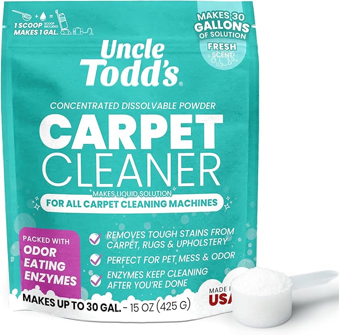 Uncle Todd's Carpet Cleaner Powder for Machines | Makes 30 Gallons of Carpet Cleaner Solution | Enzyme Formula Carpet Deodorizer | Removes Pet Odors & Stains | Safe for Carpets, Rugs & Upholstery