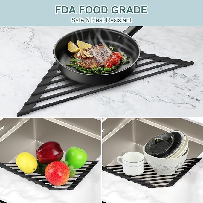 MERRYBOX Triangle Roll Up Dish Drying Rack Over The Sink, 2025 Anti-Rust Sink Drying Rack with Full Silicone Wrapped- Anti-Slip, Space Saving, Durable Organizer for Kitchen