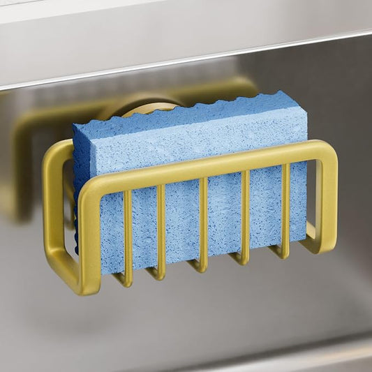 TAILI Sponge Holder for Kitchen Sink with Strong Suction Cup, Rustproof Aluminum Sink Caddy for Sponges, Removable Sponge Holder, Dish Brush for Scraper - Gold
