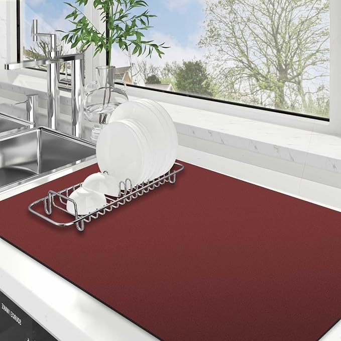 WISELIFE Dish Drying Mat Super Absorbent Drying Mat Large Dish Drying Mats for Kitchen Counter Easy Clean Dish Mat Kitchen Drying Mat18"x 32" Classic Red