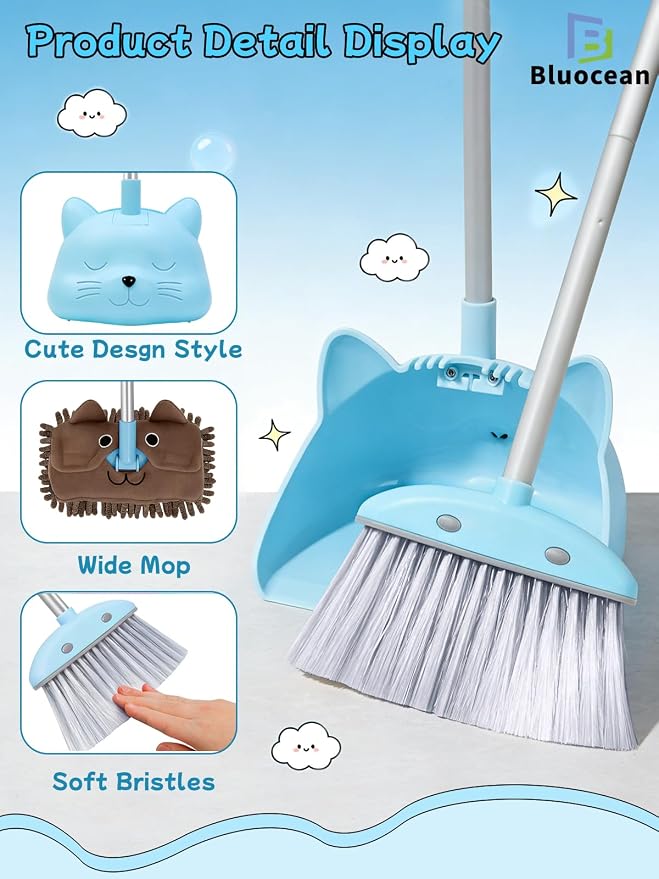 28'' Kids Mini Broom with Dustpan & Mop Set - Toddler Cleaning Toy, Toddler Household Helper, Parent-Child Interactive Play Cleaning Tool, Cute Cartoon Design, Small Safe Corner Broom (Blue)