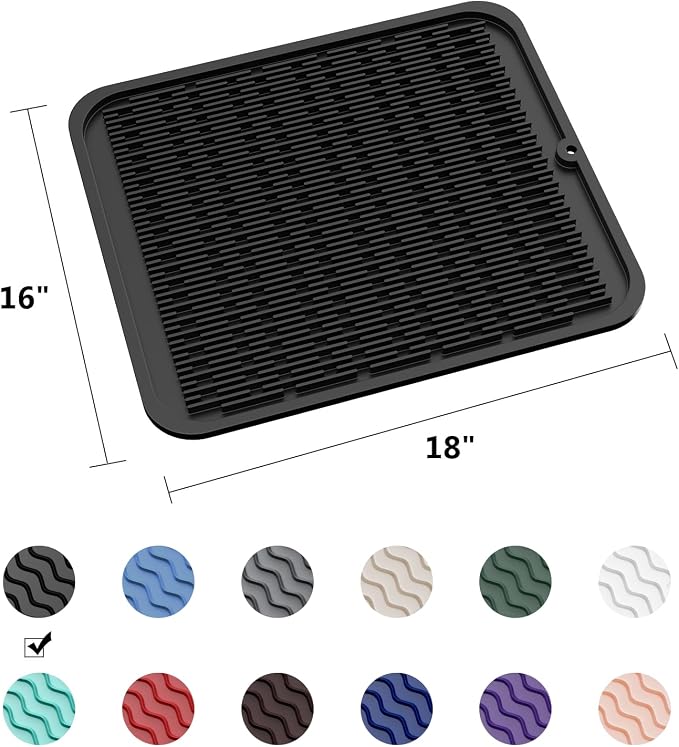 ZLR Heavy-Duty Silicone Dish Drying Mat (16" x 18" / 401 x 455mm) - XL Family-Size Thick 4mm Drainboard for Pots, Pans & Heavy Cookware - Oversized Trivet & Counter Protector, Non-Slip (Black)