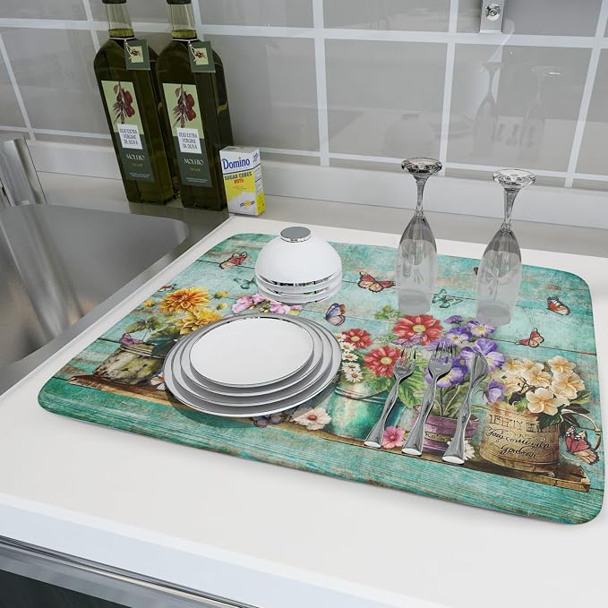 Spring Floral Rustic Dish Drying Mat for Kitchen Counter Absorbent Microfiber Large Drying Pad 18 x 24 Inch Flowers Jars