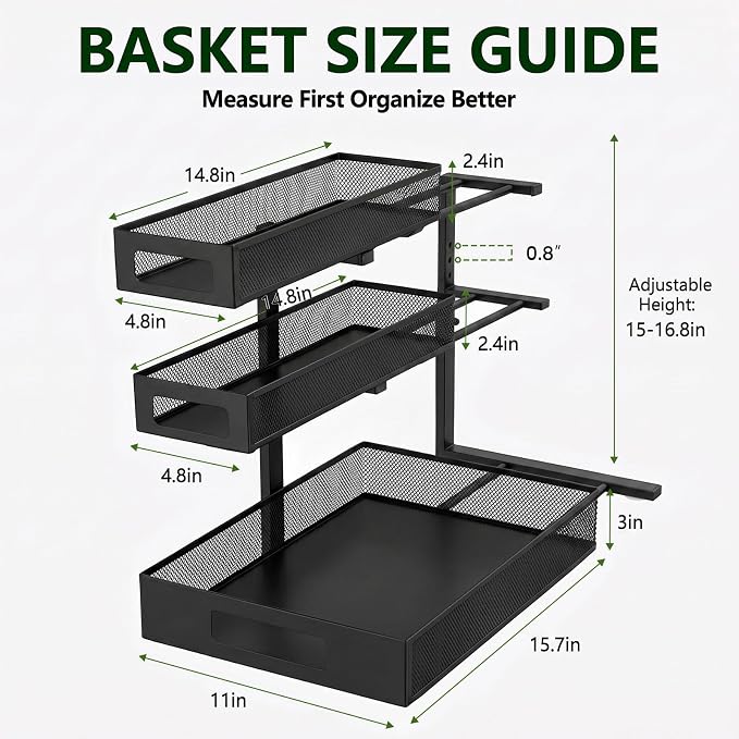 3 Tier Under Sink Organizer,2 Pack Pull Out Cabinet Shelves with Adjustable Height,Heavy Duty Carbon Steel L-Shaped Storage for Kitchen Bathroom Sink,Pantry & Laundry,Black