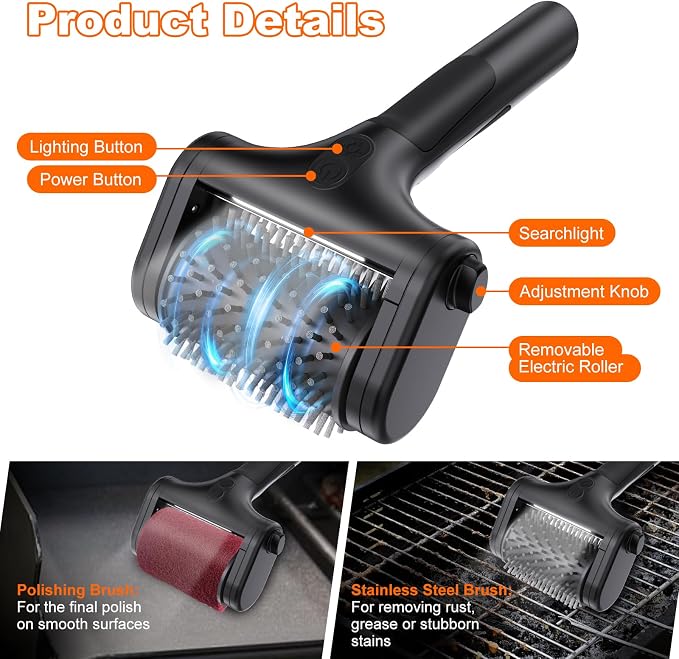Electric Grill Brush – 2600mAh Rechargeable Outdoor Grill Cleaner, 2-Speed Adjustable (Up to 1000 RPM), 2 Replacement Heads, with LED Light, for BBQ Grates/Camping Stoves (Black)