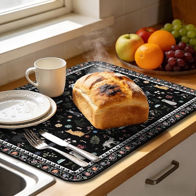 Dish Drying Mat, Vintage Rustic Boho Kitchen Dishes Absorbent Pad, 16x18in | Eco-friendly diatomite with non-slip rubber backing. Super absorbent mat for kitchen counters, coffee bars & sinks