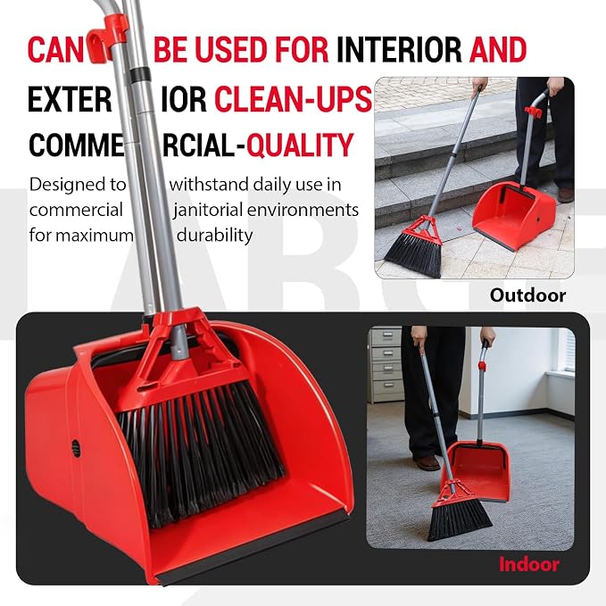 Commercial Broom and Dustpan Set,Heavy Duty Broom Set,Jumbo Debris Dustpan | Dustpan (14inch*14inch) , Broom(14inch Width) ,Trash Collection for Commercial /Industrial Cleaning ,2Sets, Red