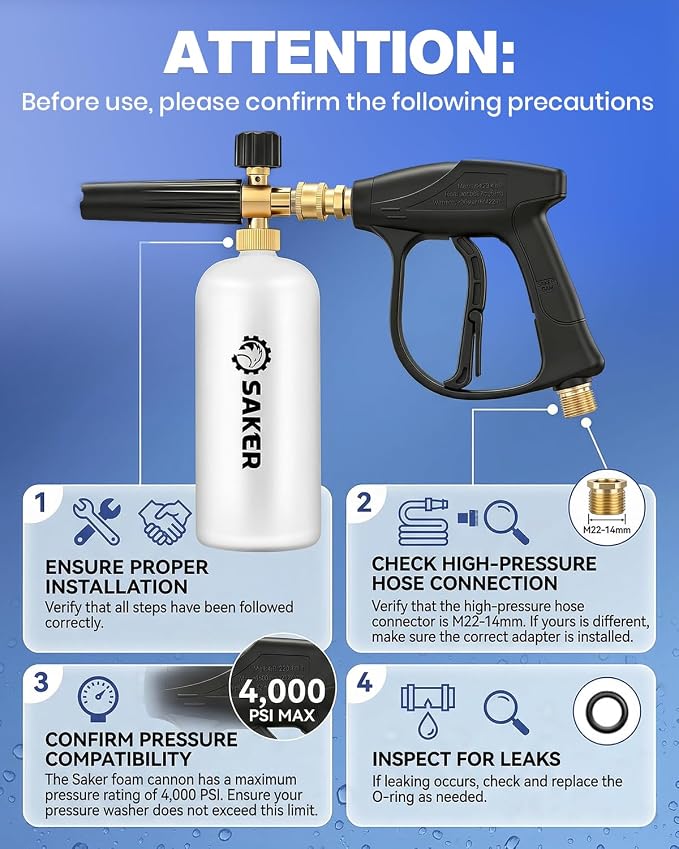 Saker Short Pressure Washer Gun with Foam Cannon, M22-14 to M22-15 and M22-14 to 3/8 Inch Brass Adapter Connector, with 5 Pressure Washer Nozzles