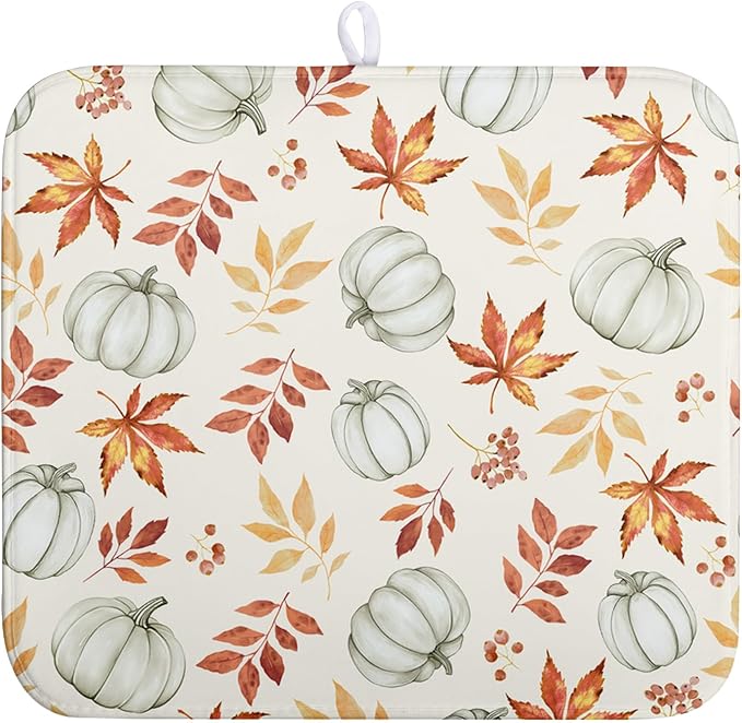 Fall Orange Maple Leaf Pumpkin Dish Drying Mat for Kitchen Counter Seasonal Autumn Thanksgiving Harvest Drying Mats Absorbent Microfiber Dishes Drainer Pad Holiday Dish Rack Mat 16x18 Inch