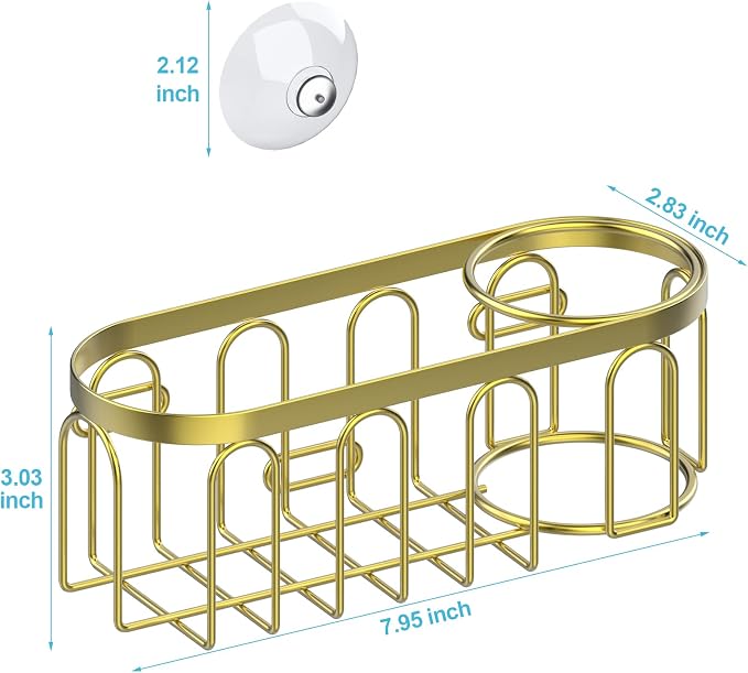 2-in-1 Sponge Holder for Kitchen Sink, Sink Caddy Kitchen Sink Organizer with 3 Suction Cups, No Drill Rustproof Sink Sponge Holder for Dish Brush, Soap & Sponge (Gold)