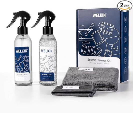 WELKIN Screen Cleaner Kit, 8.5 oz + 8.5 oz Spray & Gel for TV & Phone | Dual Formula Cleaning, Streak-Free Performance, Spray & Gel Options for Screens, Includes 1 Microfiber Cloth & 1 Glass Wipe