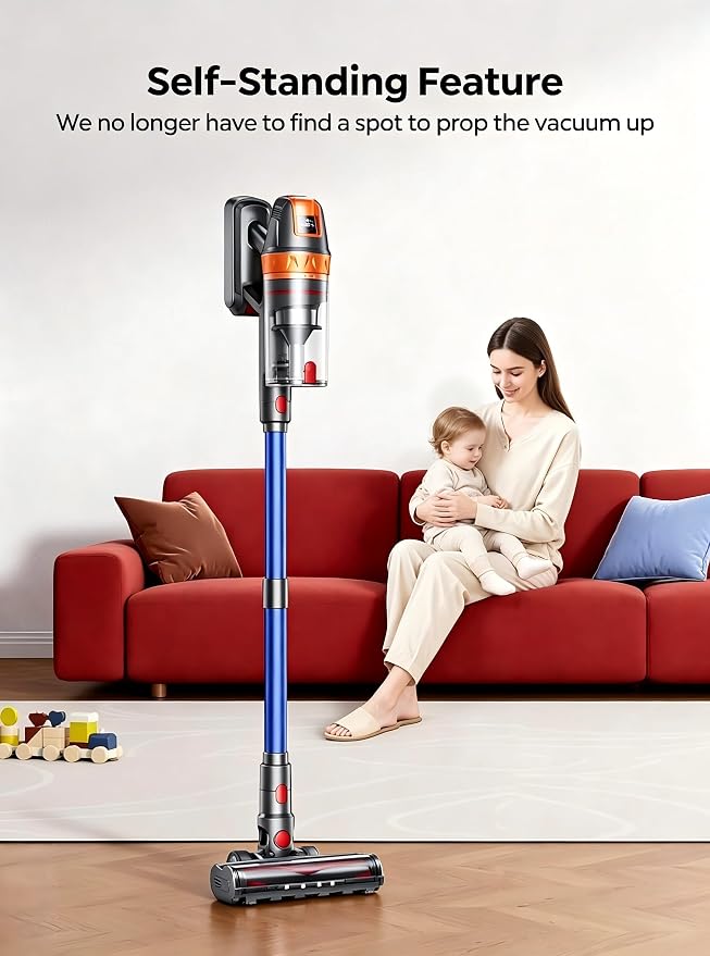SMOTURE Cordless Vacuum Cleaner, 600W 45KPA 60Min Stick Vacuum Cleaners, Rechargeable Vacuum Cordless with Extra Mattress Cleaning Tool, Self-Standing, Wall Mount Charging, for Pet Hair Floor Carpet