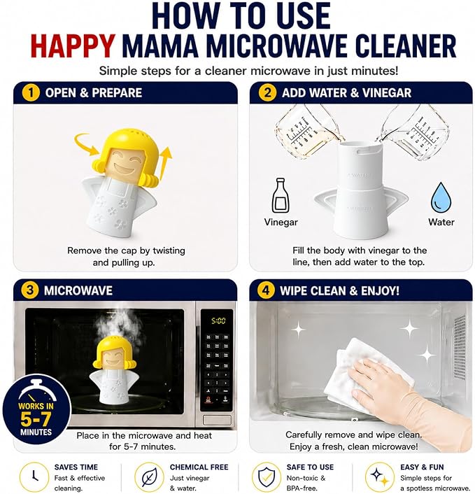 Microwave Steam Cleaner Tool, Fill with Vinegar & Water, Optional Lemon Drops, Heat 5-7 Minutes to Soften Grease & Residue, Non-Toxic Reusable Kitchen Cleaner for Microwaves (White)