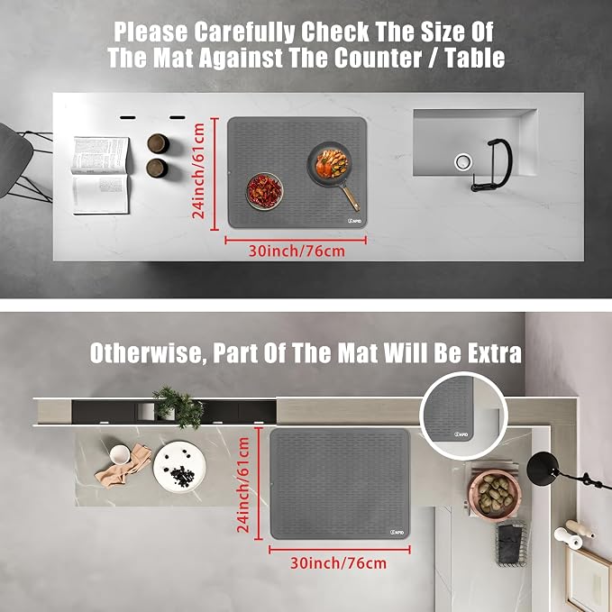 Extra Large 30 x 24 Inch Silicone Dish Drying Mat for Dish Drying Rack , Easy Clean Silicone Drying Mat for Kitchen Counter , Non-Slip Dish Drain Matt , Heat Resistant Silicon Dish Mat , Gray , SAPID