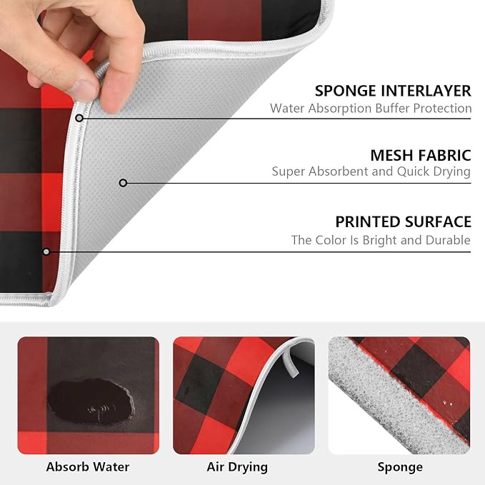 Christmas Red Black Buffalo Plaid Dish Drying Mat for Kitchen Counter Absorbent Microfiber Large Drying Pad Dish Mats for Kitchen Countertops 18 x 24 Inch