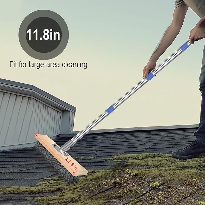 Heavy Duty Wire Brush,Deck Brush,Stainless Steel Floor Scrub Brush with Long Handle, 67" Heavy Duty Outdoor Push Broom, Moss Remover, Scratch Brush for Scrubbing Concrete, Patio, Garden, Garage