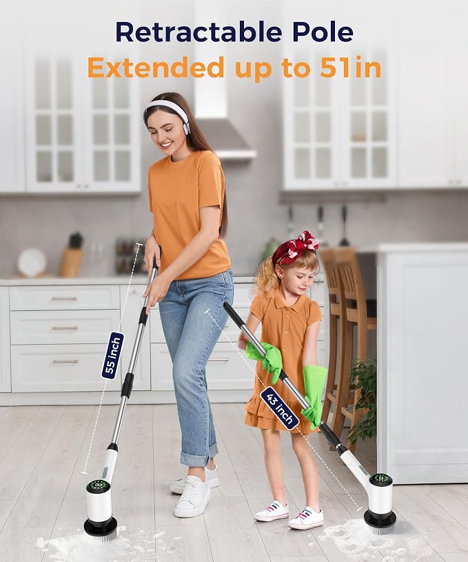 Cordless Electric Spin Scrubber with 7 Brush Heads, White-te1 | Adjustable long handle for shower, tile, grout, sink, tub, floor, and car wheel cleaning