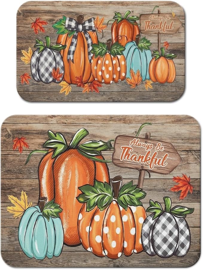 Fall Dish Drying Mat 2-Pack in Pumpkin for Kitchen Counter Dishes Mat | Diatom Mud Mats (18x24, 19.5x12"). Non-slip rubber back for kitchen counter, coffee bar & sink scenes