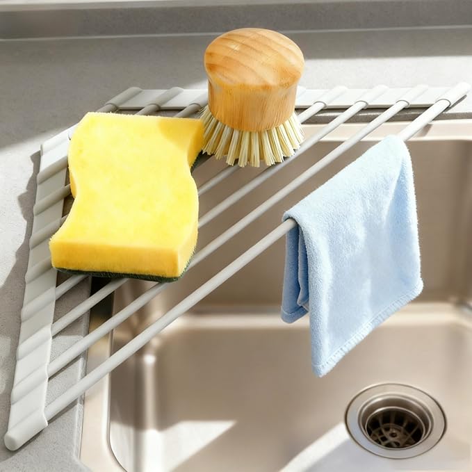 MERRYBOX Triangle Roll Up Dish Drying Rack Over The Sink, 2025 Anti-Rust Sink Drying Rack with Full Silicone Wrapped for Top of Corner, Anti-Slip Organizer for Kitchen
