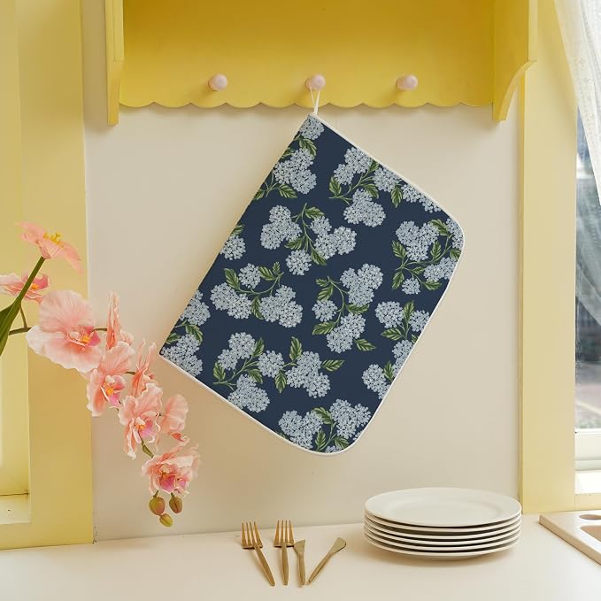 Navy Blue Dish Drying Mat 18x24 Inch Blue Green Vintage Floral Hydrangea Flower Drying Mat Spring Summer Seasonal Absorbent Dish Drying Pad Dish Rack Drainer Mats for Kitchen Dining Counter