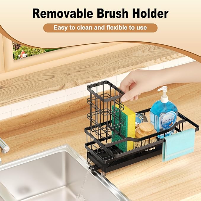Sponge Holder for Kitchen Sink, Self-draining Sink Organizer with Towel Rack and Brush Holder, Metal Kitchen Sink Organizer for Countertop, Black