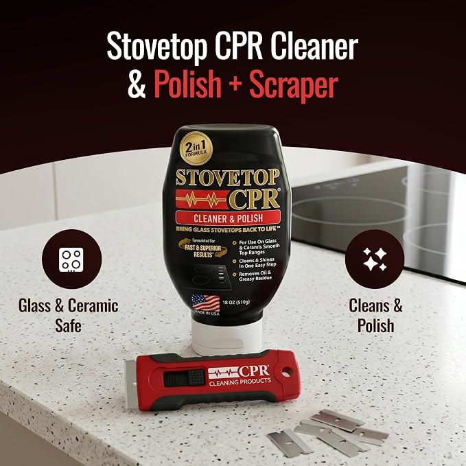 Stovetop CPR 2-in-1 Glass Stovetop Cleaner and Glass Polish(18oz) + Scrapper Blade-Ceramic Top Stove Cleaner, Oven Top, Cooktop, Electric Stove Ceramic