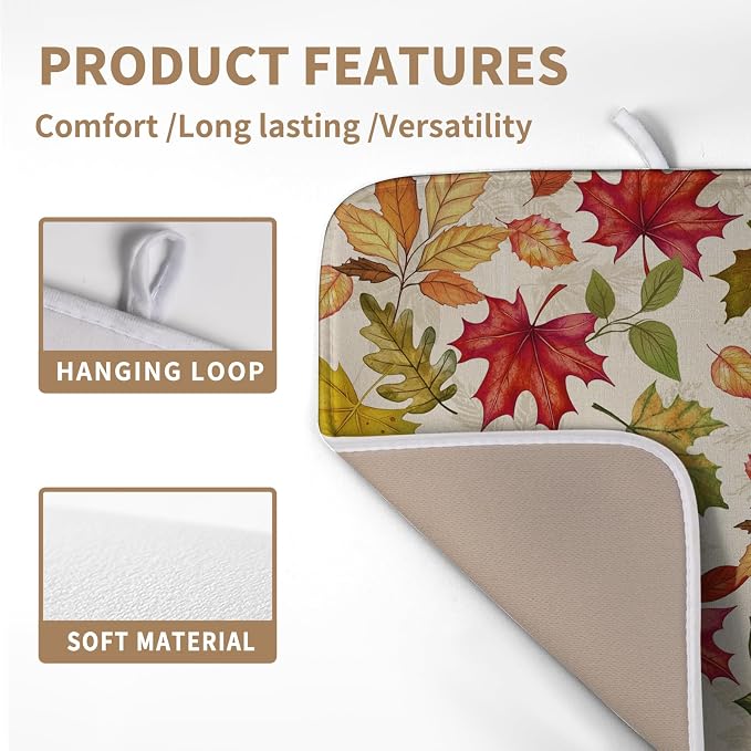 Fall Drying Mat for Kitchen Counter 16 x 18 Inch Maple Leaves Autumn Thanksgiving Harvest Dish Drying Mats Absorbent Microfiber Dish Draining Washable Reversible Dishes Pad