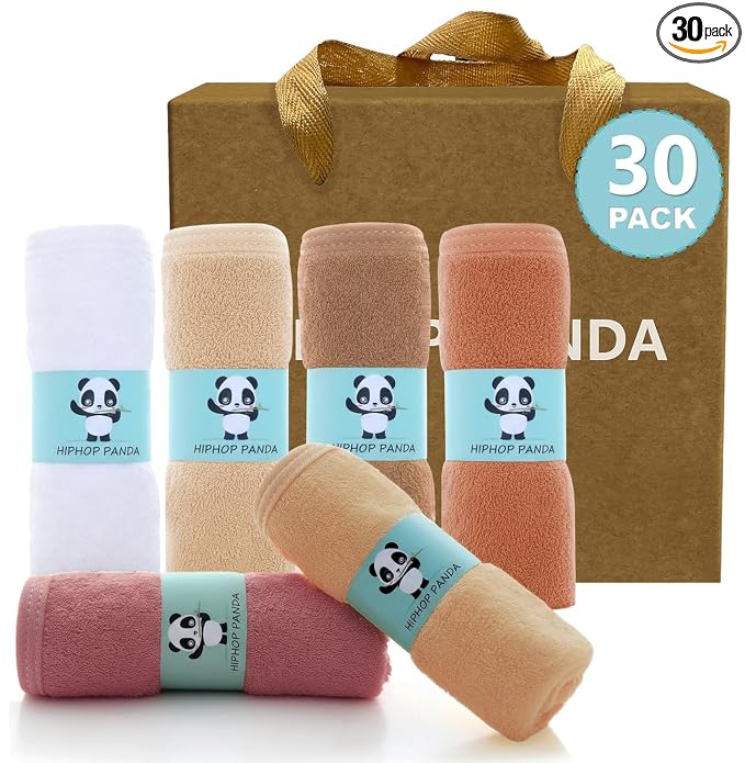 HIPHOP PANDA Baby Washcloths, Rayon Made from Bamboo - 2 Layer Ultra Soft Absorbent Newborn Bath Face Towel - Reusable Baby Wipes for Delicate Skin - Blush and Mocha, 30 Pack