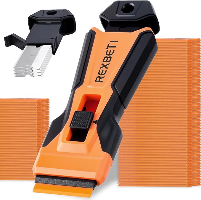 REXBETI Razor Blade Scraper Tool, Upgraded Windows, Glass Stovetop Scraper | 7 metal & 150 plastic blades. Removing paint, grease, adhesive, stickers, labels, decal. General cleaning tool. Blade Storage