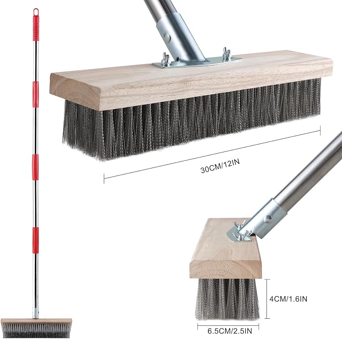 Mitclear Heavy Duty Wire Broom with Telescopic Handle(57IN), Stiff Metal Bristle Brush for Removing Weed Moss, Outdoor Floor Scrub Brush for Patio, Deck, Garden, Concrete, Garage