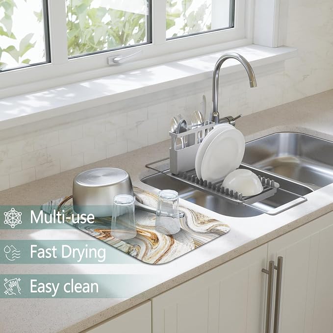Dish Drying Mat 2-Pack in Marble Swirl for Kitchen Counter Dishes Mat | Diatom Mud Mats (18x24, 19.5x12"). Non-slip rubber back for kitchen counter, coffee bar & sink scenes