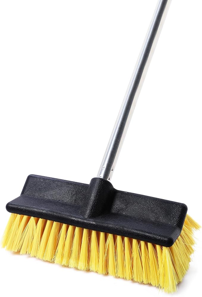 Yocada Deck Brush with 4-Section Extendable Handle Floor Scrub Brush | Soft &Medium Bristles Non-Slip Grip for Outdoor Deck Patio Bathroom Garage Concrete Cleaning 54.3 Inch