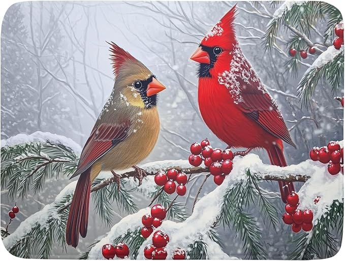 Winter Christmas Dish Drying Mat for Kitchen Counter 18 x 24 Inches Red Birds Absorbent Reversible Microfiber Mats for Berry Dish Rack Pad Drainer Mat for Coffee Bar Decor