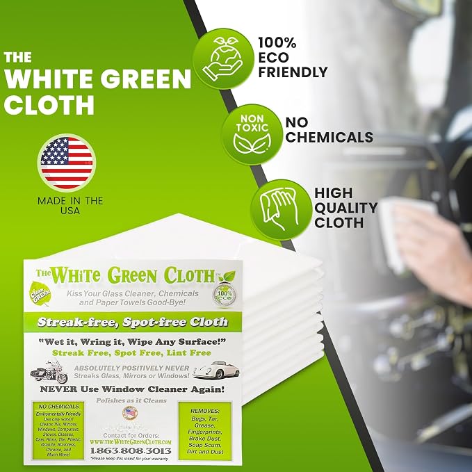 The White Green Cloth 10-Pack Reusable Cleaning Cloths for Streak-Free Windows, Mirrors & All-Purpose Cleaning – Chemical-Free, Absorbent, Non-Abrasive, 16" x 16" White Cleaning Rags, Made in The USA